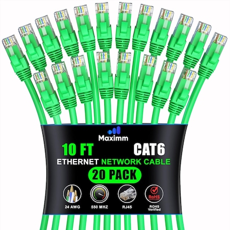 Maximm Cat6 Ethernet Cable 10ft 10Gbps 550MHz UTP, 20PK, Green, 20PK CAT6CCA-10GN-20PK