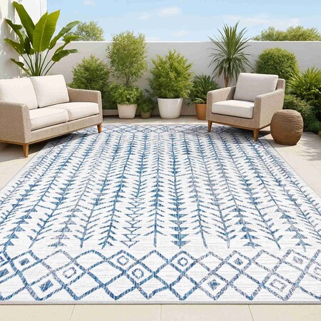 Jonathan Y Tokay Bohemian Geometric Ivory/Blue 5 ft. x 8 ft. Indoor/Outdoor Area Rug SMB132B-5