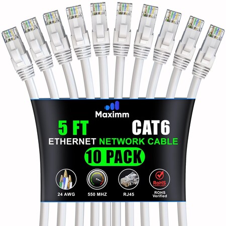 Maximm Cat6 Ethernet Cable 5ft 10Gbps 550MHz UTP, 10PK, White, 10PK CAT6CCA-5WH-10PK