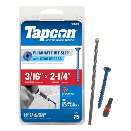 Tapcon 28360 Concrete Screw Anchor, T25 Screw, 3/16 in Dia, 2-1/4 in L, Steel, Climaseal, 75/PK, 75PK 28360/24360