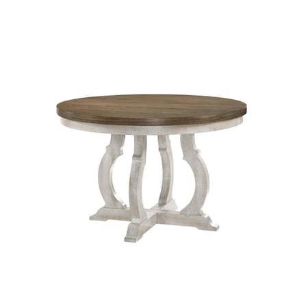 Homeroots 48" Walnut and Antiqued White Wood Pedestal Base Round Top Dining Table 631287