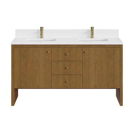 James Martin Vanities Hudson 60" Dbl Vanity, Honey Oak w/ Sgl Hole 3 CM White Zeus Silestone Top and Matching Backsplash 435-V60D-HNO-1WZ