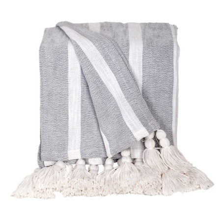 Homeroots 50" X 60" Gray and White Woven Cotton Striped Throw Blanket with Tassels 548928