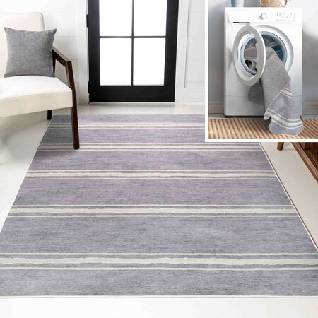 Jonathan Y Bande Distressed Ticking Stripe Non-Slip Machine-Washable Lavender/Ivory 4 ft. x 6 ft. Area Rug WSH121A-4