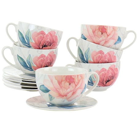 Martha Stewart 12 Piece Ceramic Flora 18 Ounce Cup and Saucer Set in White 128870.02