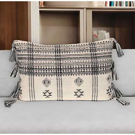 Homeroots 14" X 20" Beige and Black Southwestern Cotton Throw Pillow With Tassels 529232