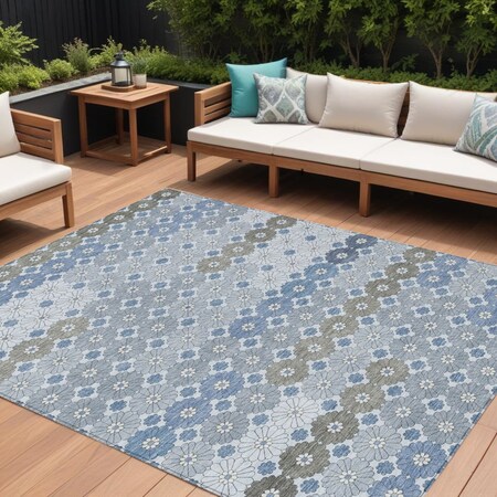 Homeroots 10' X 14' Denim Blue Gray And Ivory Floral Washable Indoor Outdoor Area Rug 617499
