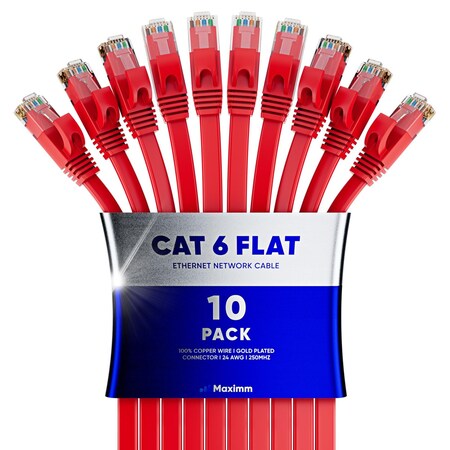 Maximm Cat6 Flat Ethernet Cable 30ft, 10PK, Red, 10PK CAT6F-30FTRED10PK
