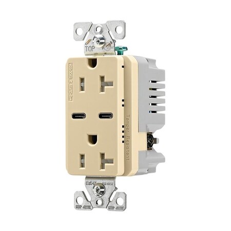 Eaton Wiring Devices Combination USB Receptacle, 2-Pole, 20 A, 125 V, 2-USB Port, Type C USB, NEMA: 5-20R, Ivory TRUSBC20V-BOX