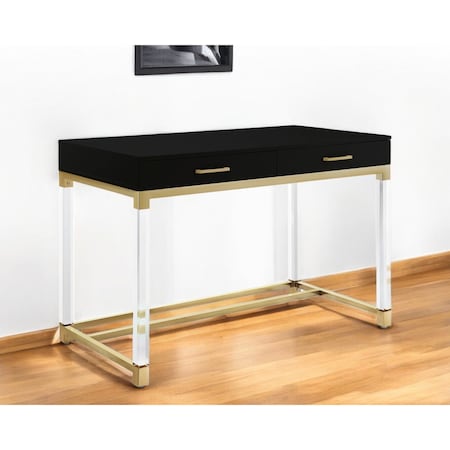 Homeroots 48" Black Clear and Gold Wood Acrylic and Stainless Steel Writing Desk With Two Drawers 543747