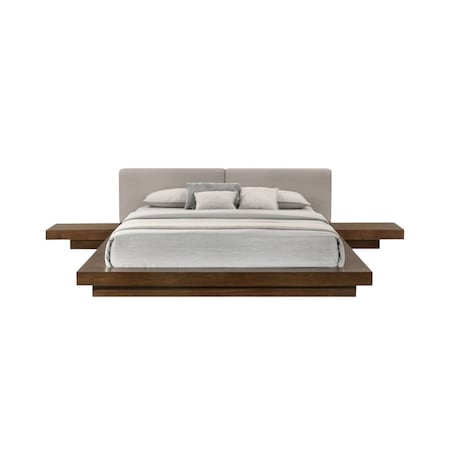Homeroots Gray and Walnut Wood And Faux Leather King Bed Frame With Attached Nightstands 486266