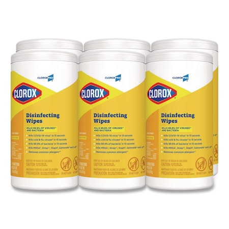 Clorox CloroxPro Disinfecting Wipes, 1-Ply, 7 x 8, Lemon Fresh, White, 75/Canister, 6PK 15948