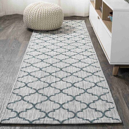 Jonathan Y Arabesque Ogee Trellis Gray/Teal 2 ft. x 10 ft. Indoor/Outdoor Runner Rug SMB122B-210
