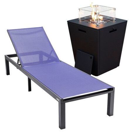 Leisuremod Marlin Black Aluminum Patio Chaise Lounge Chair with Square Fire Pit Table, Navy Blue MLBLCF21-77NBU