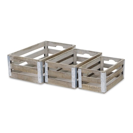 Homeroots Set of Three Natural Solid Wood And Metal Crate, 3PK 487702