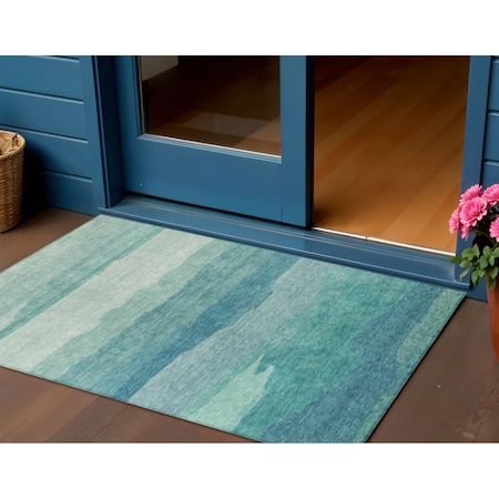 Homeroots 3' X 5' Turquoise Striped Washable Indoor Outdoor Area Rug 608151