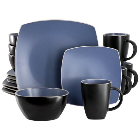 Gibson Soho Lounge 16 Piece Square Stoneware Dinnerware Set in Matte Blue and Black 120181.16R
