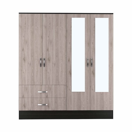 Homeroots 71" Light Oak and Black Four Door Wardrobe Closet with Mirrors 403743