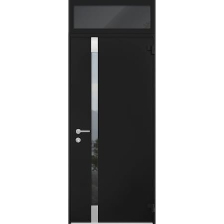 Vdomdoors Steel Door Cynex 6777 Black Transom Window Stainless Inserts Single Modern Painted-W36xH80+16-Right CYNEX6777EXD-BLK-W36 x H80+16-Right-hand Outswing