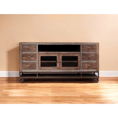 Homeroots 76" Brown Solid Wood Cabinet Enclosed Storage Distressed TV Stand 528716