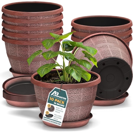 Lifemaster 10-Inch Rustic Whiskey Barrel Planters, Plastic Pots with Drainage and Saucers, 10PK LMPBP10COP10