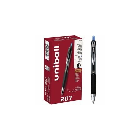 Uniball uniballTM 207 Gel Pen - 0.5 mm Micro Pen Point - Refillable - Retractable - Blue Ink, 12PK 61256