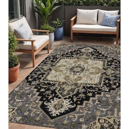 Homeroots 5' X 8' Black Gray And Ivory Oriental Washable Indoor Outdoor Area Rug 600139