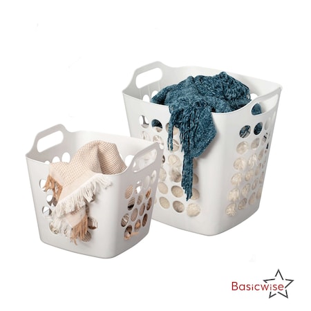 Basicwise Set of 2 Plastic Laundry Baskets with Handles Large & Small Ventilated Hampers for Clothes, White QI003857WT.2
