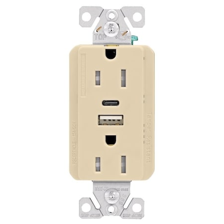 Eaton Wiring Devices TRUSBAC15 Receptacle, 2 Pole, 5 A, 125 VAC, 2 USB Port, Type A, C USB, Ivory TRUSBAC15V-K-L