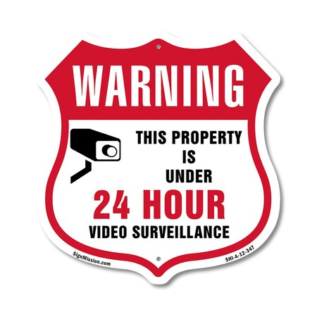 Signmission 24 Hour Surveillance Shield Sign Warning, 12 Inch X 12 Inch, Aluminum Metal Sign SHI-A-12-347