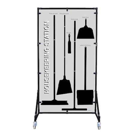5S Supplies 5S Housekeeping Shadow Board Broom Station Version 3 - Gray Board / Black Shadows With Broom HSB-V3-GRAY/BLACK-KIT