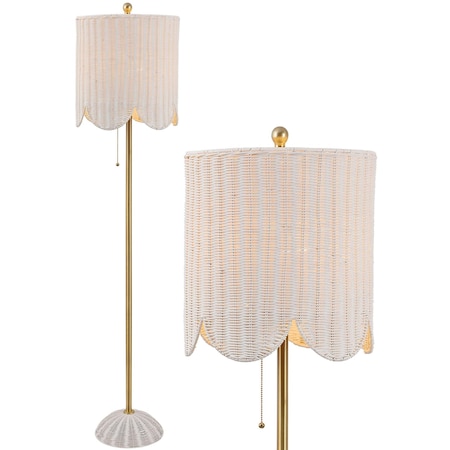 Jonathan Y Joel 63.5" Coastal Bohemian Scallop Shade Rattan/Metal LED Floor Lamp w/ Pull Chain, White/Brass Gold JYL1153B