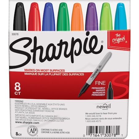 Sharpie Fine Tip Permanent Marker, Fine Bullet Tip, Assorted Colors, PK8 30078