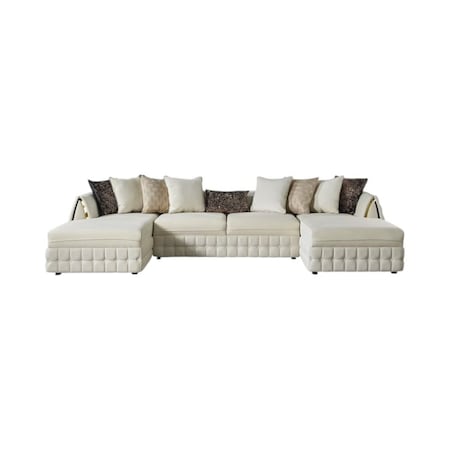 Homeroots Cream Velvet U Shaped Sofa and Chaise Sectional With Toss Pillows 643881