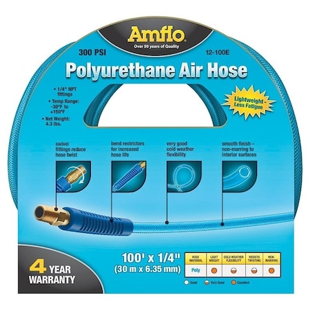 Amflo Air Hose, 14 in OD, 100 ft L, MNPT, 300 psi Pressure, Polyurethane, Blue 12-100E