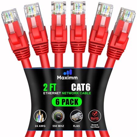 Maximm Cat6 Ethernet Cable 2ft 10Gbps 550MHz UTP, 6PK, Red, 6PK CAT6CCA-2RD-6PK
