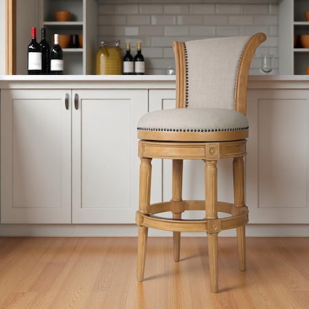 Homeroots 30" Beige and Natural Fabric and Solid Wood Bar Height Swivel Bar Chair 534316