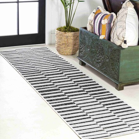 Jonathan Y Sukie Modern Offset Stripe Ivory/Black 2 ft. x 10 ft. Indoor/Outdoor Runner Rug SMB133E-210