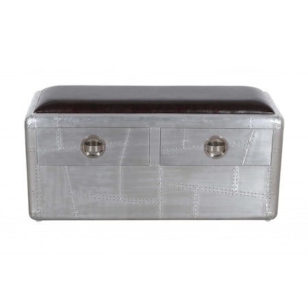 Homeroots 44in Black and Silver Genuine Leather and Metal Upholstered Storage Bench with Drawers 488864