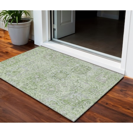 Homeroots 3' X 5' Mint Green And Gray Damask Washable Indoor Outdoor Area Rug 603773