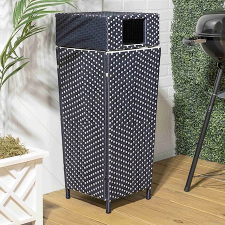 Happimess Keaton Modern 24.13-Gallon All-Weather Wicker/Metal Lidded Hideaway Outdoor Trash Can, Navy/White HPM1203B
