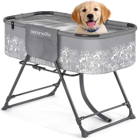 Serenelife Foldable Dog Bath Tub with Adjustable Height, 360 degrees Access, Drain Hose & Storage Pockets SLPTUBG40