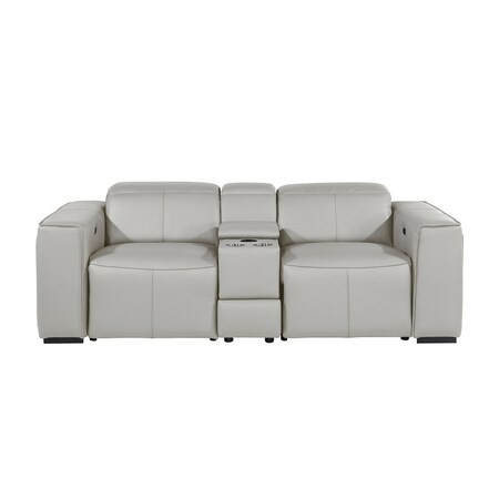 Homeroots 90in Light Gray and Brown Italian Leather Power Reclining Loveseat With Storage 720558