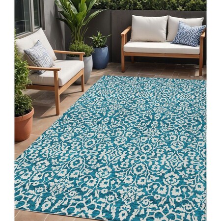 Homeroots 5' X 8' Teal Blue And Ivory Damask Washable Indoor Outdoor Area Rug 595194