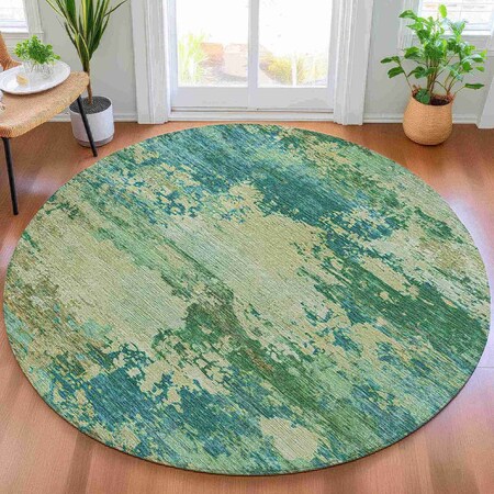 Homeroots 8' Teal Blue Beige And Denim Blue Round Abstract Washable Indoor Outdoor Area Rug 630749