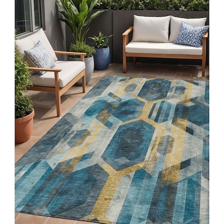 Homeroots 5' X 8' Teal Blue Gold And Silver Geometric Washable Indoor Outdoor Area Rug 618758