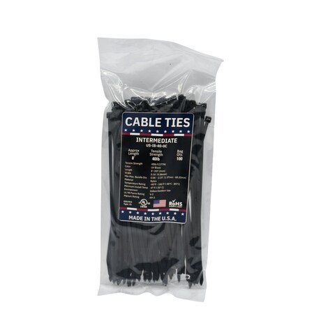 Cable Ties Unlimited Cable Tie, 8 in L, 40 lb Strength, 2.1 in Max Bundle Dia, Nylon 6/6, Black 100PK US-I8-40-0C