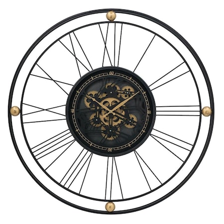 Homeroots 32" Circle Black and Gold Metal and Glass Analog Exposed Gear Wall Clock 485988