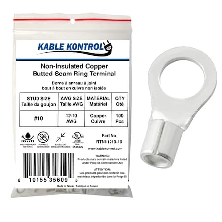 Kable Kontrol Non Insulated Copper Butted Seam Ring Terminal, 12-10 AWG, Stud Size # 10, 100 Pcs, 100PK RTNI-1210-10