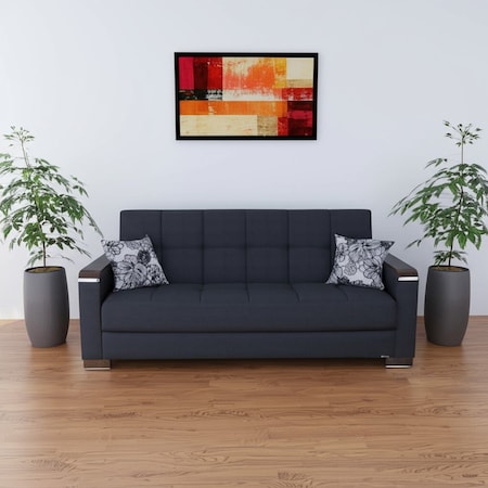 Homeroots 87" Dark Blue Chenille Convertible Futon Sleeper Sofa And Toss Pillows With Storage 607101